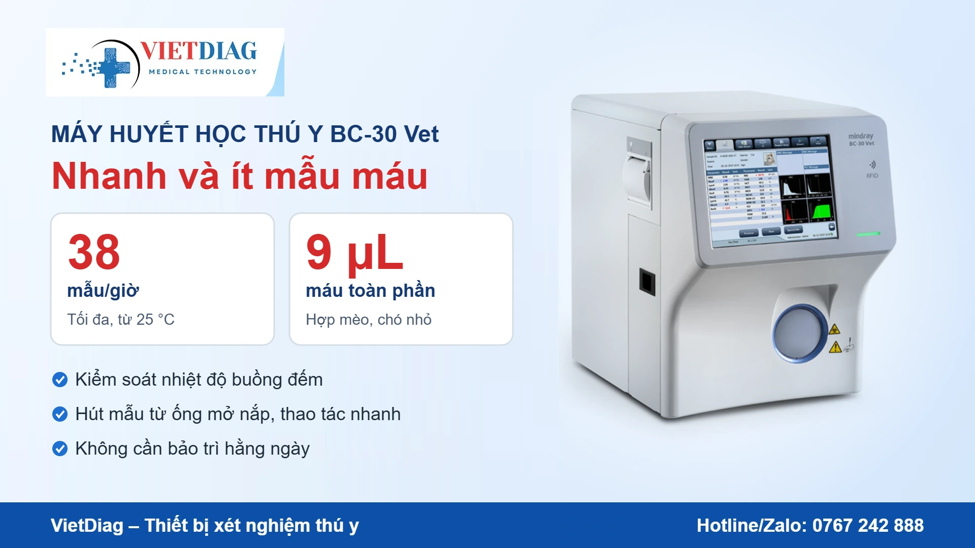 BC-30 Vet chạy tối đa 38 mẫu/giờ, chỉ cần 9 µL máu