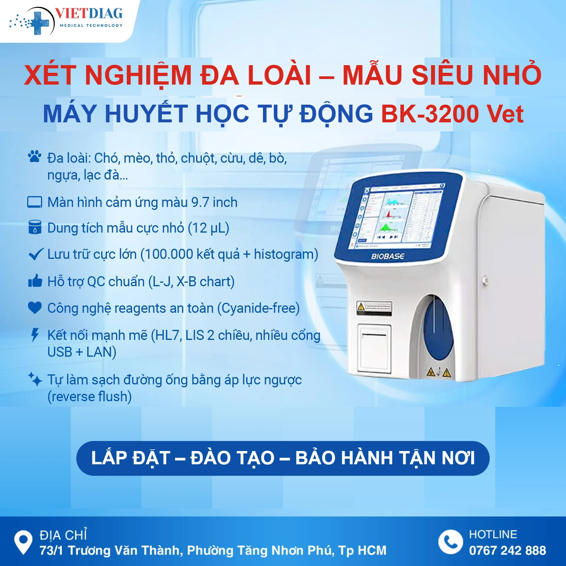 BK-3200 Vet đo đa loài, màn hình cảm ứng 9,7 inch, dung tích mẫu 12 µL