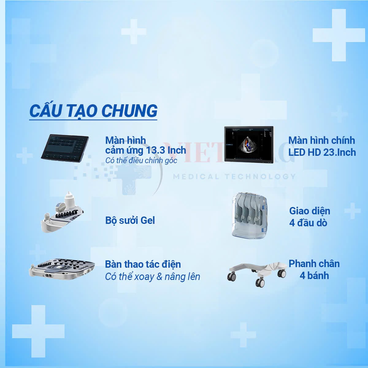 Cấu tạo máy: 2 màn hình, 4 cổng đầu dò, bàn điều khiển điện