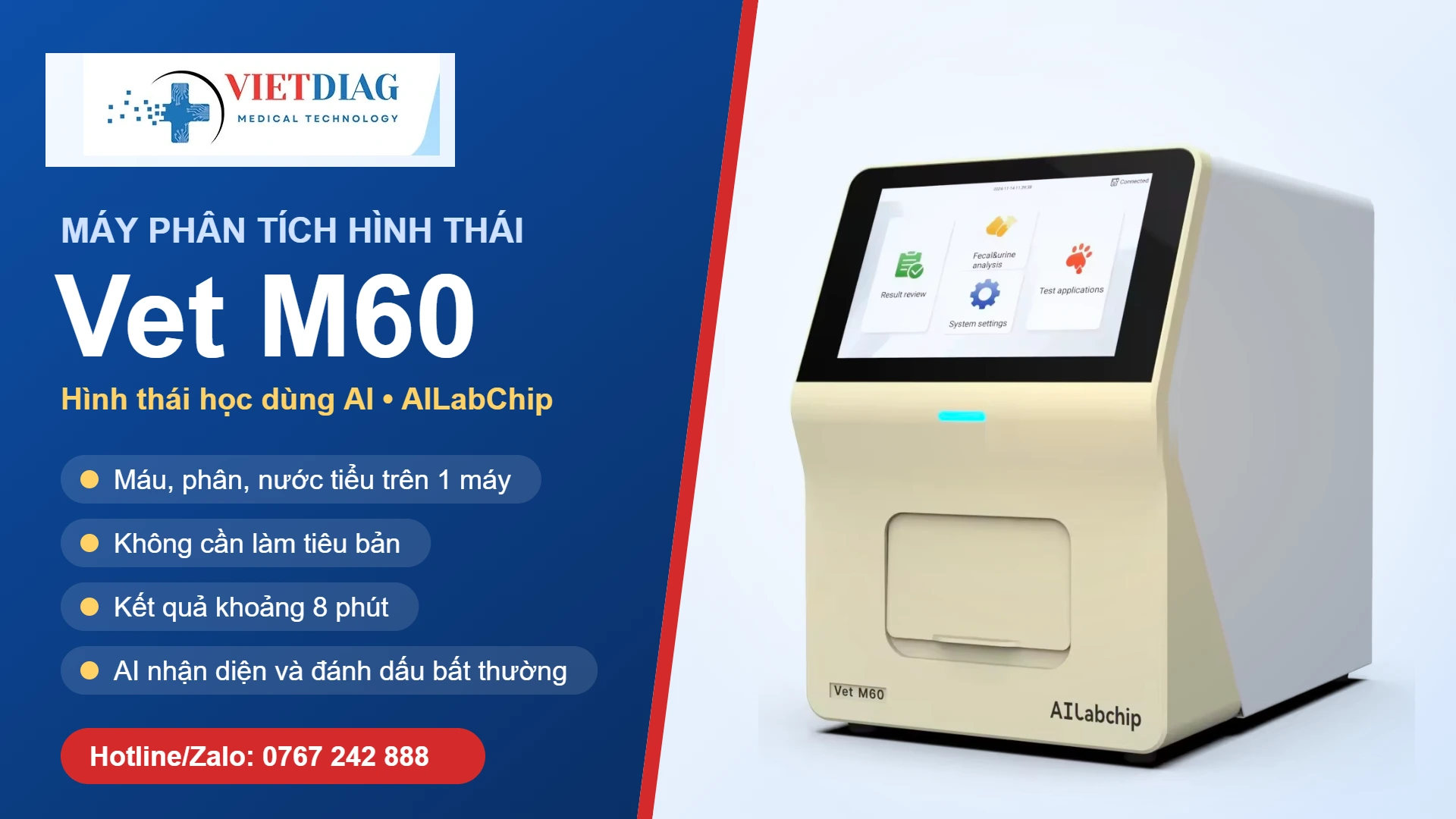 Máy phân tích hình thái thú y Vet M60: thông số và AI