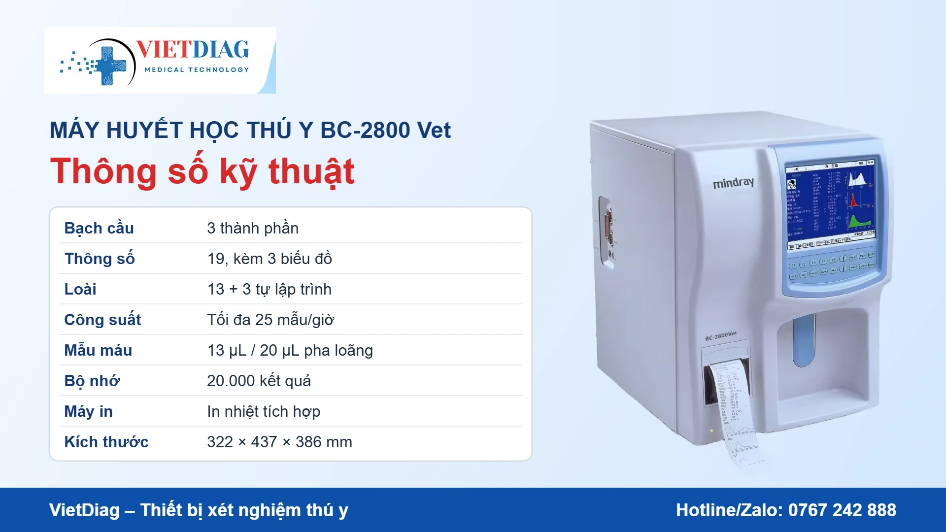 Thông số kỹ thuật máy huyết học thú y BC-2800 Vet