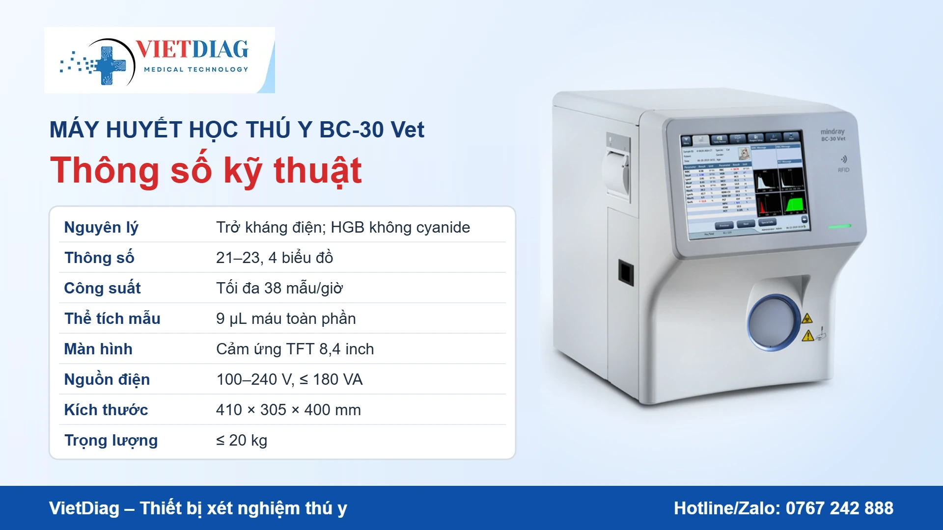 Thông số kỹ thuật máy huyết học thú y BC-30 Vet