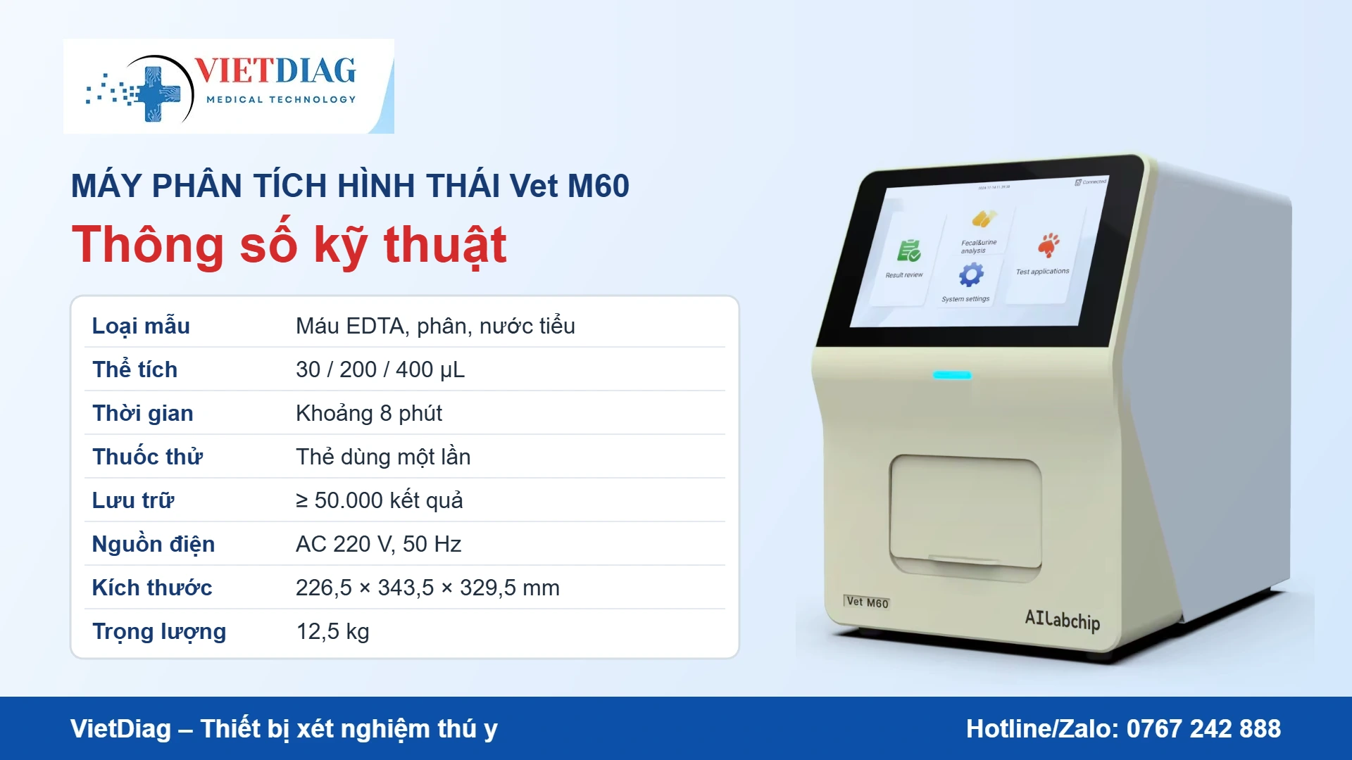 Thông số kỹ thuật máy phân tích hình thái thú y Vet M60