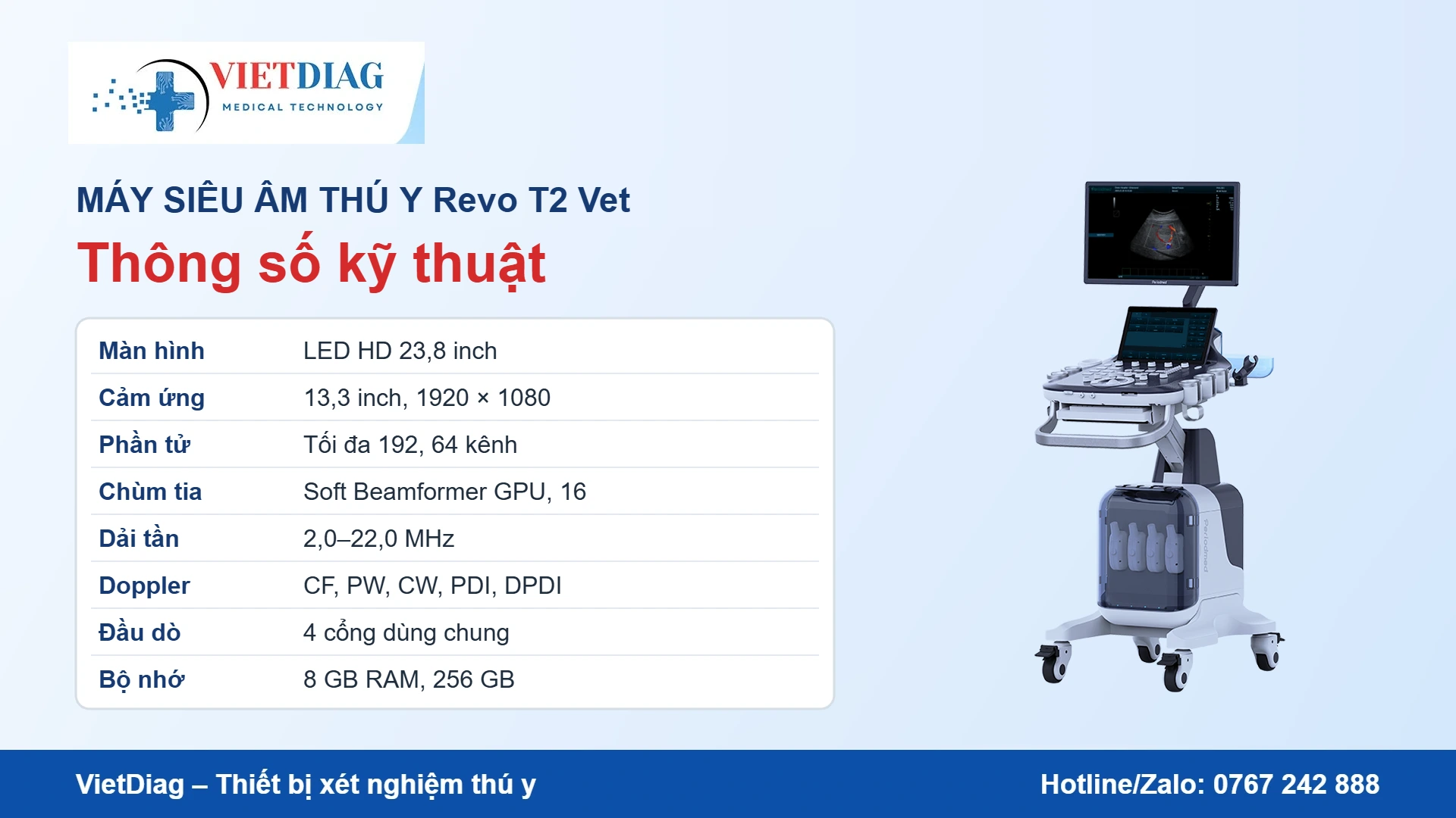 Thông số kỹ thuật máy siêu âm thú y Revo T2 Vet