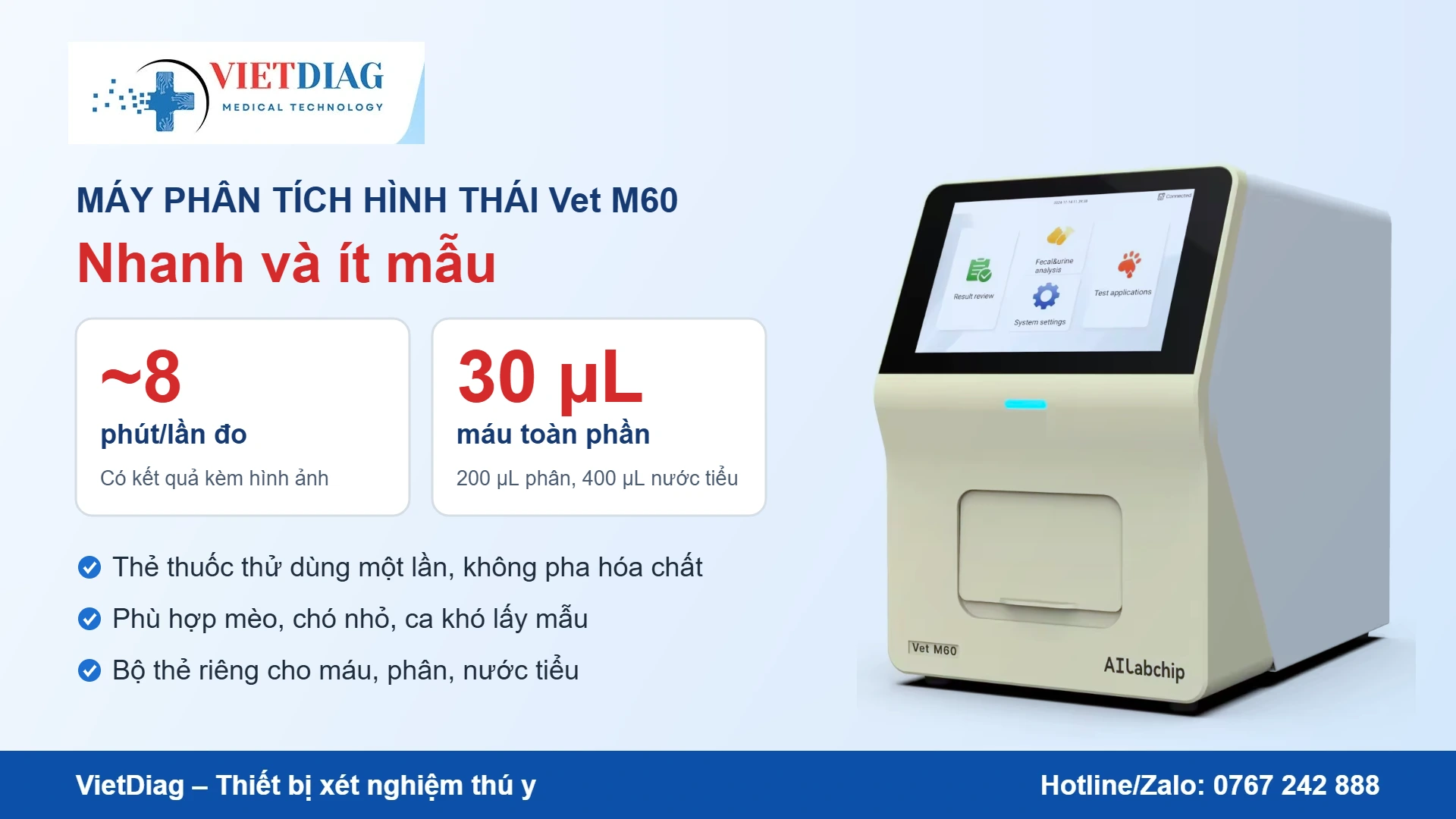 Vet M60 trả kết quả khoảng 8 phút với 30 µL máu