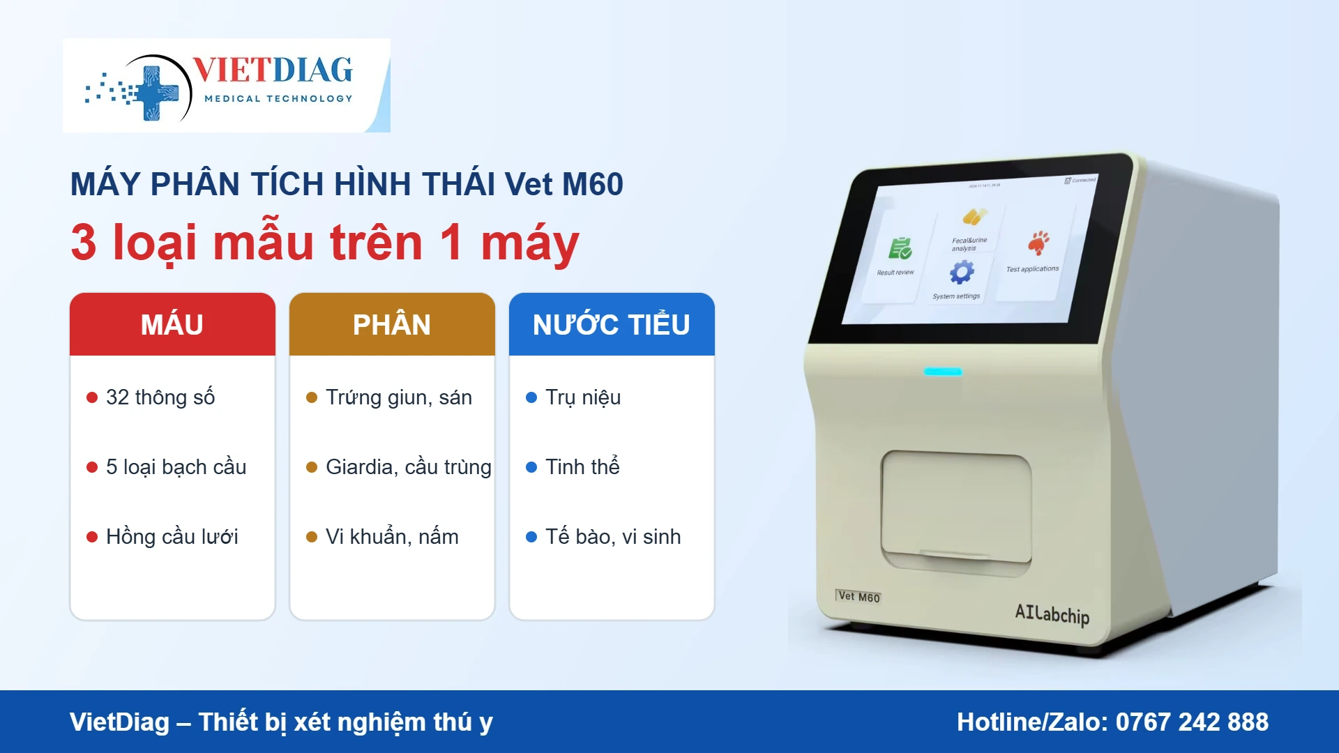 Vet M60 xét nghiệm máu, phân và nước tiểu trên một máy